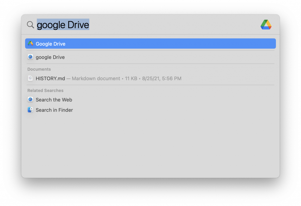 Screenshot of OSX Spotlight search with the words "Google Drive" typed in